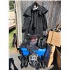 Image 1 : Snap-On Jacket, Australian Roper Jacket, Motorcycle Goggles, Two Pairs Black Cowboy Boots, Back Brac