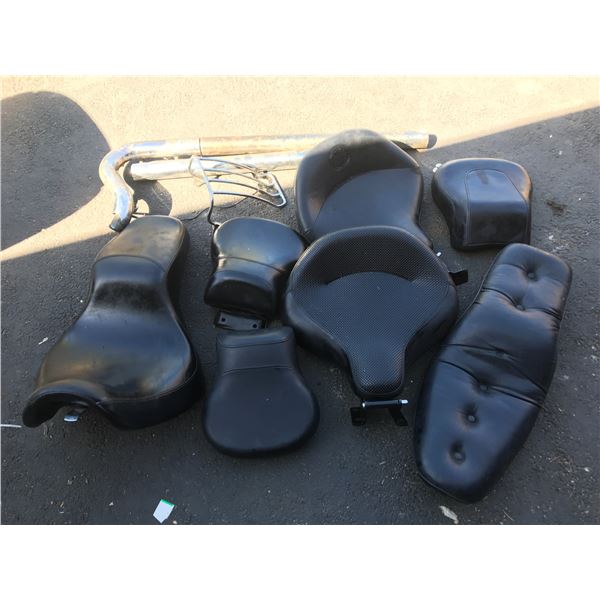 Asst of Black Leather Motorcycle Seats & Chrome Dual Exhaust & Rear Fender Rack