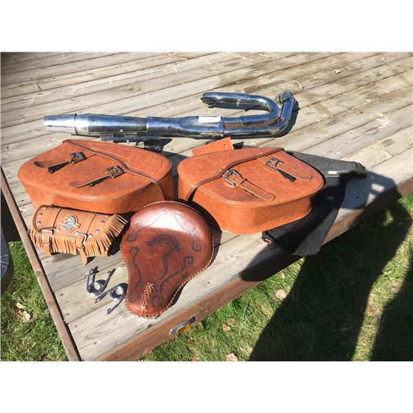 Brown Leather Mexican Motorcycle Set, Front Pouch, Motorcycle Saddlebags, Chrome Exhaust & Spring Cl