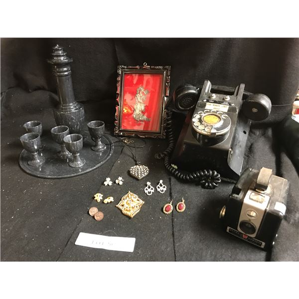 Marble Decanter Set, Brownie Hawkeye Camera, Black Rotary Phone, Asian Metal Framed Art, Costume Jew