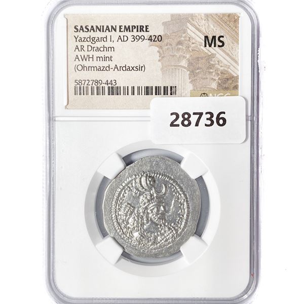 AD 399-420 Sasanian Empire AR Drachm NGC MS