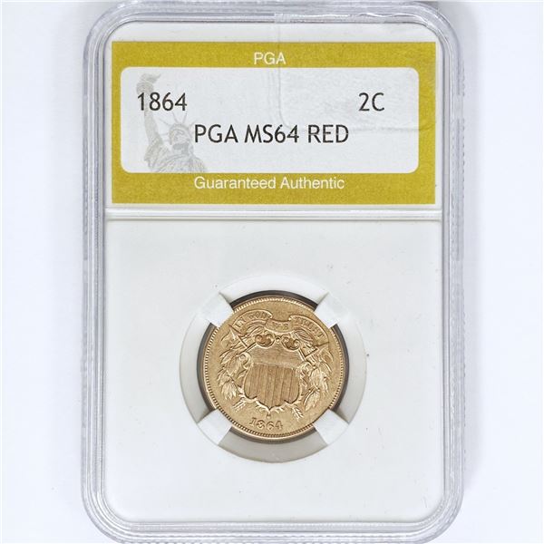 1864 Two Cent Piece PGA MS64 RED