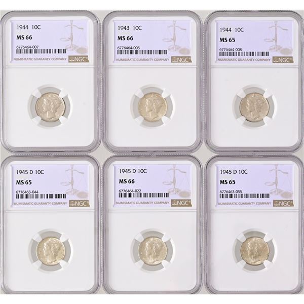6 Graded Mercury Dimes NGC MS65-MS66