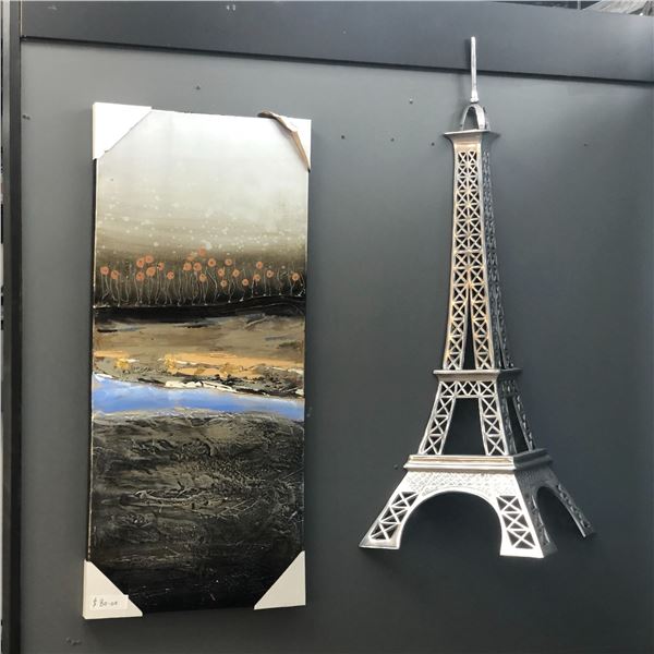 Group of 2 decorative wall hangings - includes metal Eiffel Tower & painting on canvas