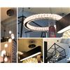 Image 1 : Group of 4 assorted contemporary chandeliers/ ceiling light fixtures - bidder responsible for remova