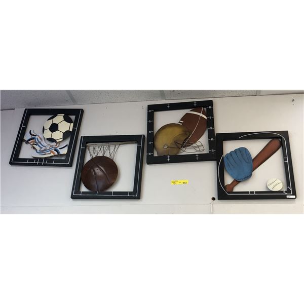 Group of assorted sports framed decorative wall hangings w/ birds wall hanging