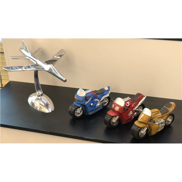 Group of 3 decorative motorbikes w/ airplane