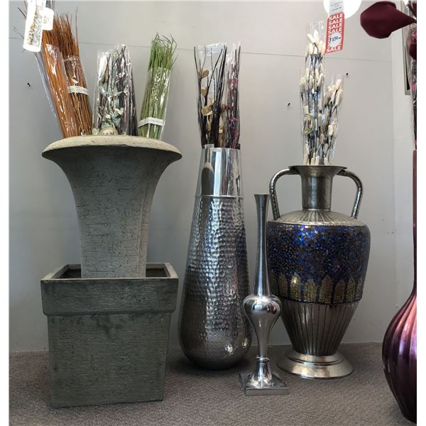 Group of assorted decorative vases/planters/artificial decorative plants/etc.