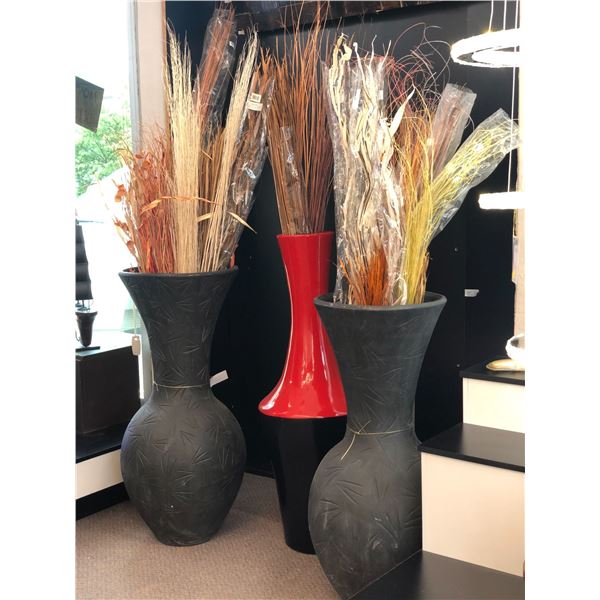 Group of 3 assorted large vases w/decorative artificial plants - approx. 40  vase & 45 1/2  red vase