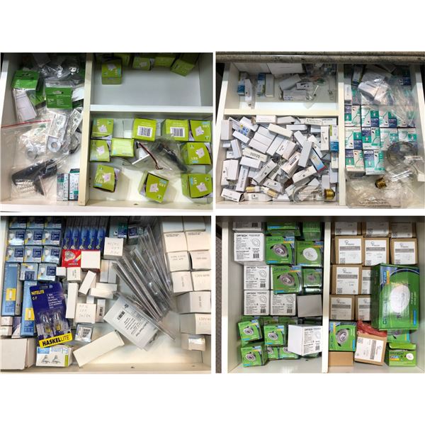12 Drawers full of assorted items - bulbs, LED energy savers, 2in mini puck lights, LED step light,