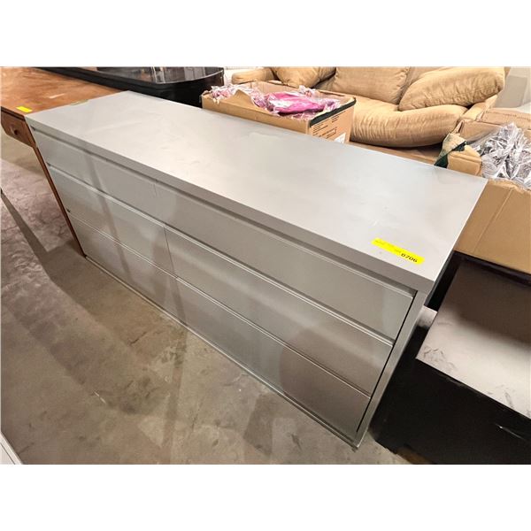 Moes 6 drawer grey dresser w/self closing drawers (approx. 63in W 20in D 30in H)