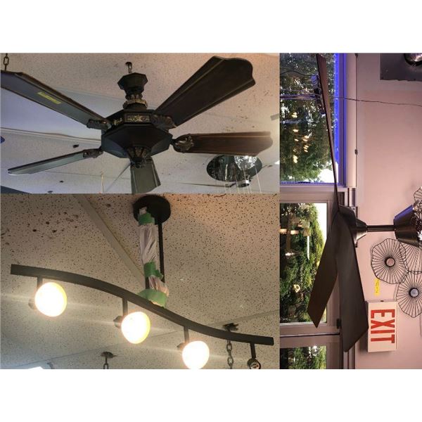 Group of 2 decorative ceiling fans w/ 1 decorative ceiling light (bidder responsible for removal)