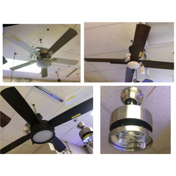 Group of 4 decorative ceiling fans w/lights (1 fan missing blades) (bidder responsible for removal)