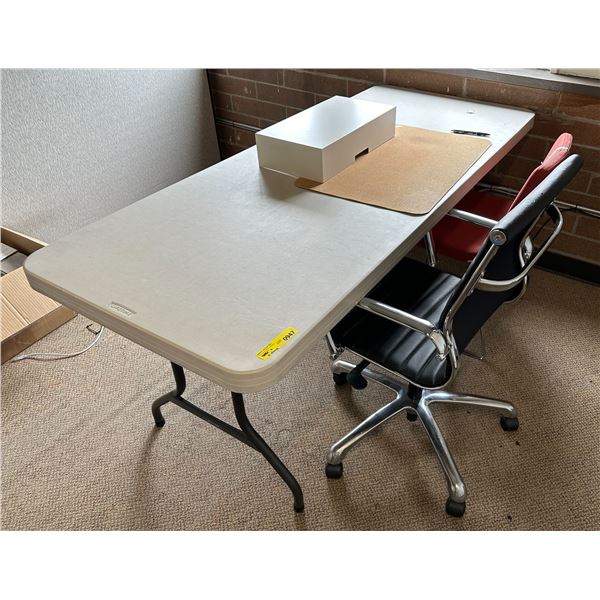 Foldable table approx. 72in L 30in D w/ 2 office chairs (contents on table included)