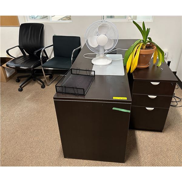 Office desk with 3 drawers approx. 71in L 35in D 30in H w/ two 3 drawers cabinets and two office cha