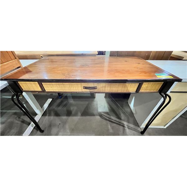 Pine & iron desk (approx. 50in W 26in D 31in H)