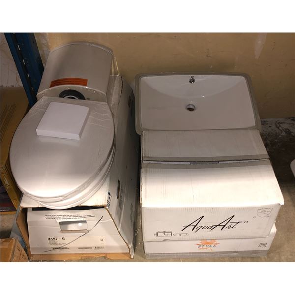 Group of assorted bathroom items - includes toilet seat w/ tank / basins / sinks