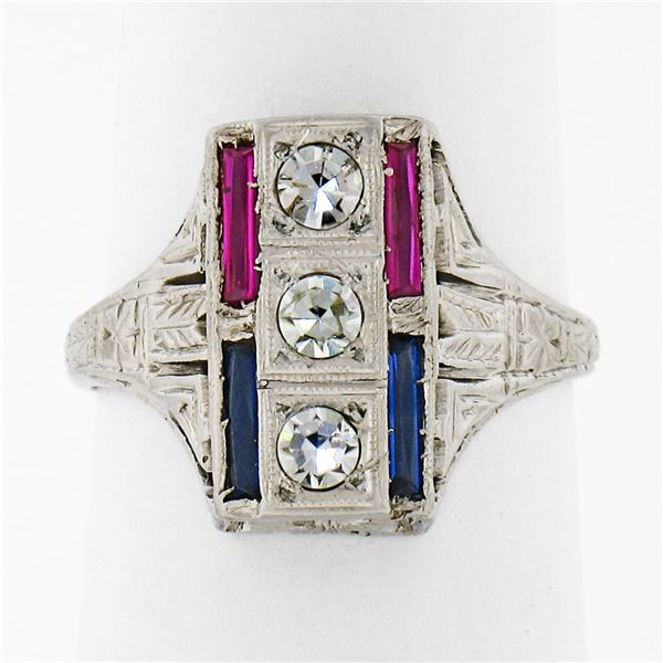 Antique Art Deco 18K Gold .24 ctw Diamond Sapphire Ruby Hand-Etched Dinner Ring