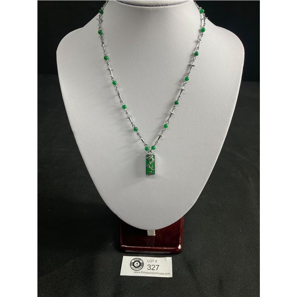 Unusual Green Bead Necklace w/Green Jade Pdt, Dragon Design