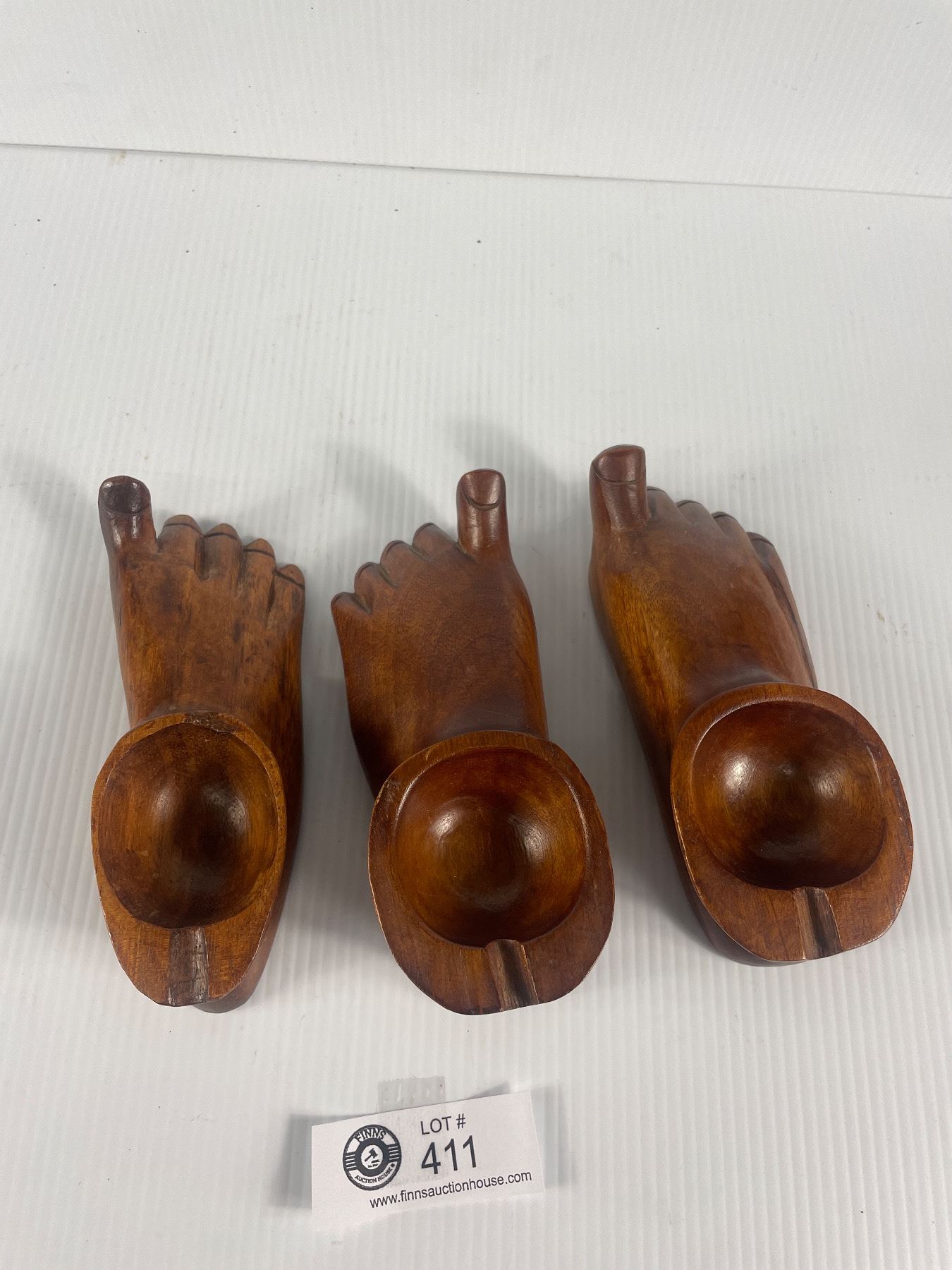 3 Carved Wooden Feet Ashtrays