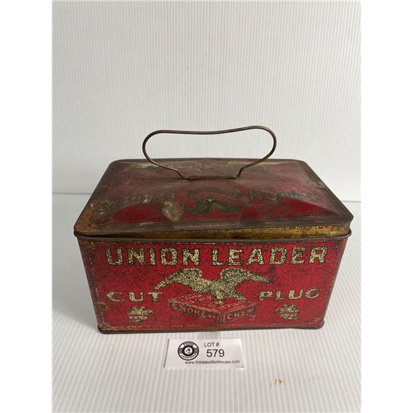 1920's Union Leader Tobacco "Lunch Box" Tin, Bale Handle, Hinged Lid, Great Graphics