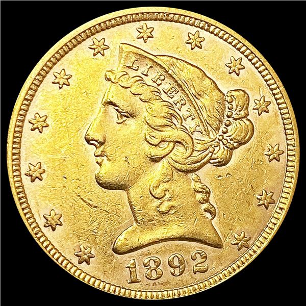 1892 $5 Gold Half Eagle CLOSELY UNCIRCULATED