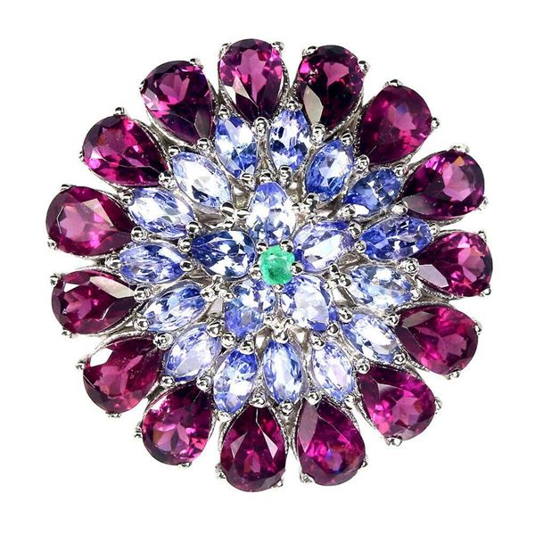 Natural Rhodolite Garnet Emerald Tanzanite Ring