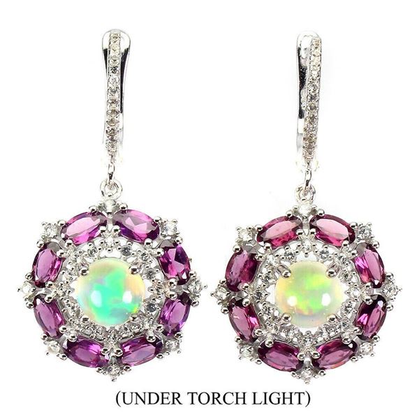 Natural Ethiopian White  Opal Rhodolite Topaz  Earrings