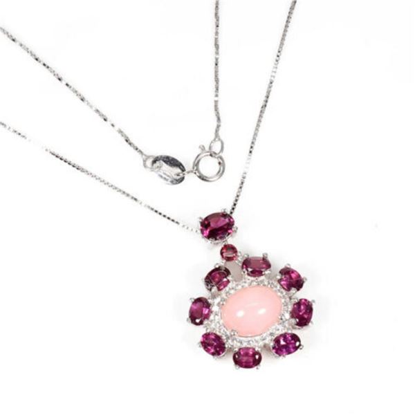 Natural Ethiopian Pink Opal Rhodolite White Topaz Necklace