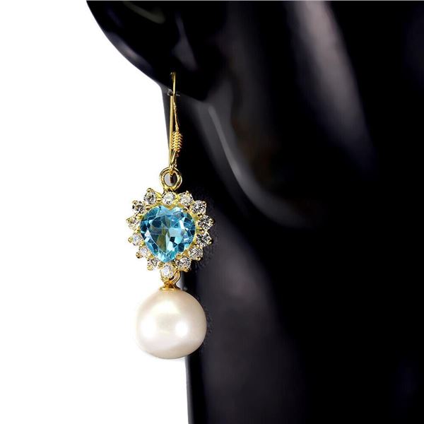 Natural Swiss Blue Topaz &  Pearl Earrings