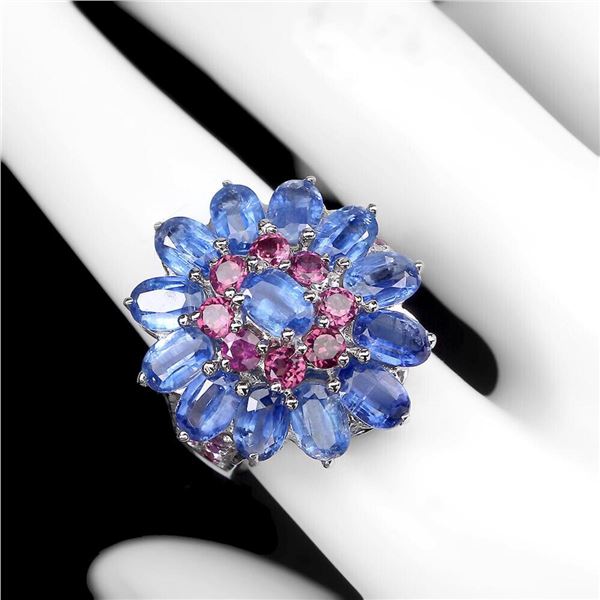 Natural Cornflower Blue Kyanite  Rhodolite Garnet Ring