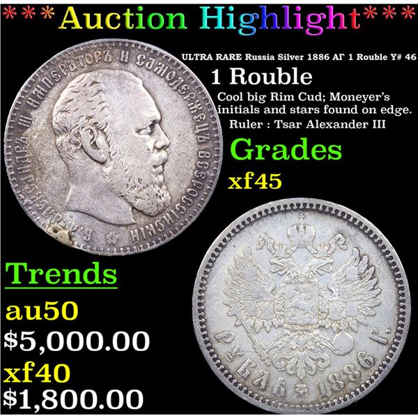 ***Auction Highlight*** ULTRA RARE Russia Silver 1886 ?? 1 Rouble Y# 46 Graded xf45 (fc)