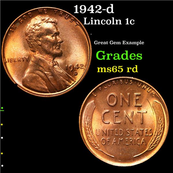 1942-d Lincoln Cent 1c Grades GEM Unc RD