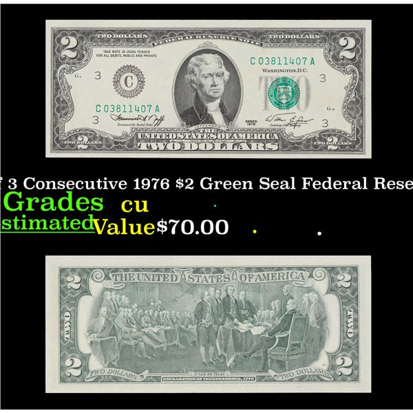 Set of 3 Consecutive 1976 $2 Green Seal Federal Reseve Note Grades CU
