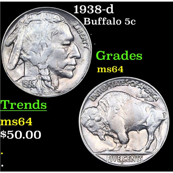 1938-d Buffalo Nickel 5c Grades Choice Unc