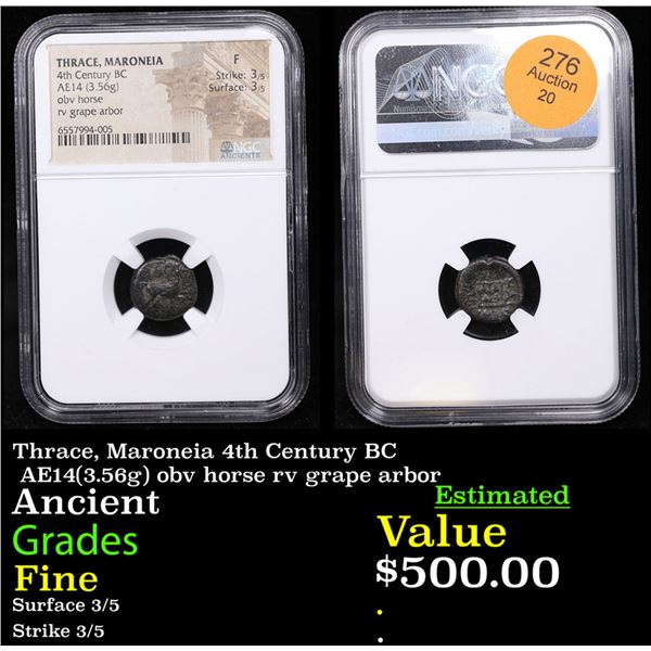 NGC Thrace, Maroneia 4th Century BC AE14(3.56g) obv horse rv grape arbor Graded Fine By NGC