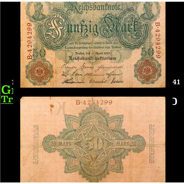 1910 Imperial Germany 50 Mark Note P# 41 Grades vf+