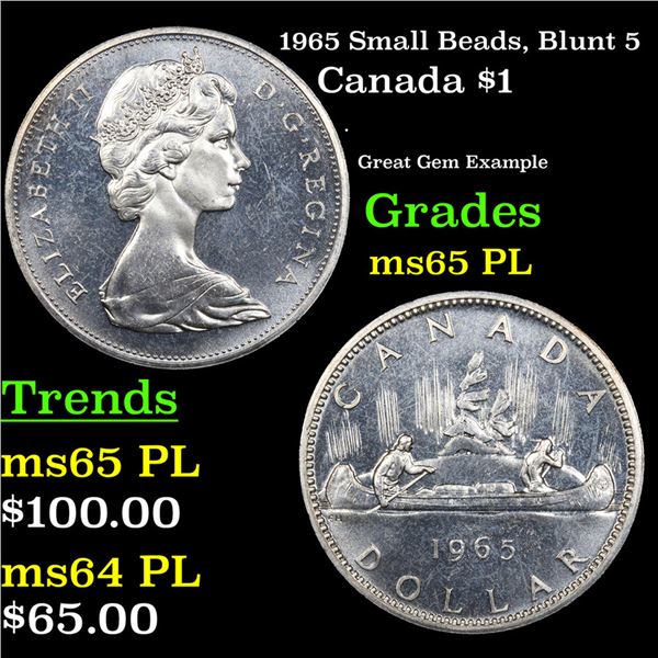 1965 Small Beads, Blunt 5 Canada Dollar $1 Grades GEM Unc PL