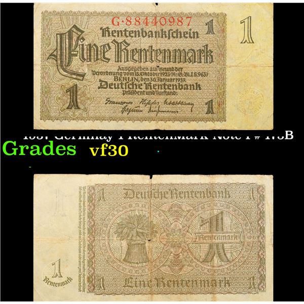 1937 Germnay 1 RentenMark Note P# 173B Grades vf++