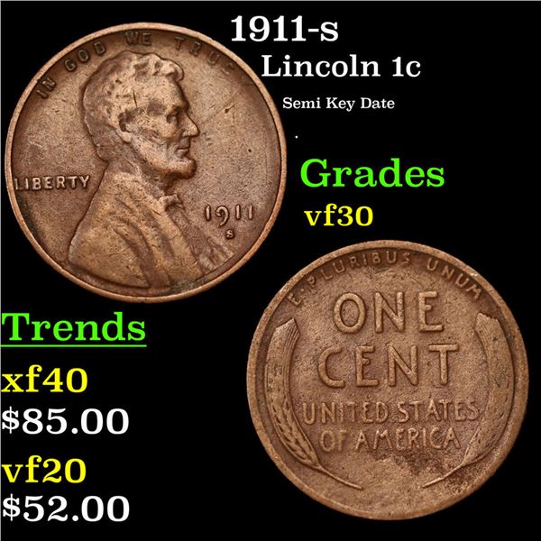 1911-s Lincoln Cent 1c Grades vf++