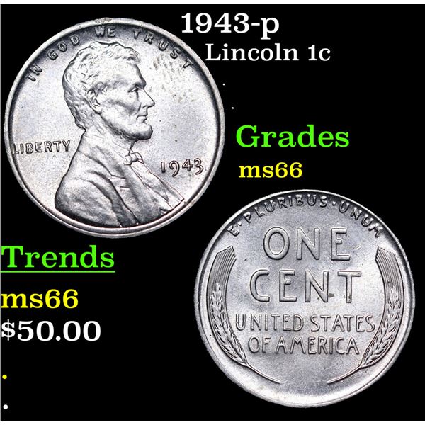 1943-p Lincoln Cent 1c Grades GEM+ Unc