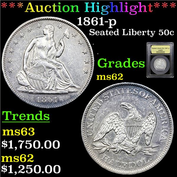 ***Auction Highlight*** 1861-p Seated Half Dollar 50c Graded Select Unc By USCG (fc)