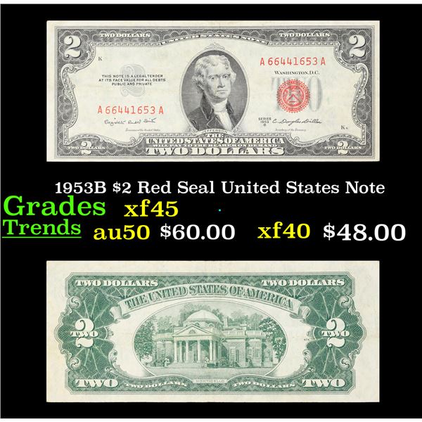 1953B $2 Red Seal United States Note Grades xf+