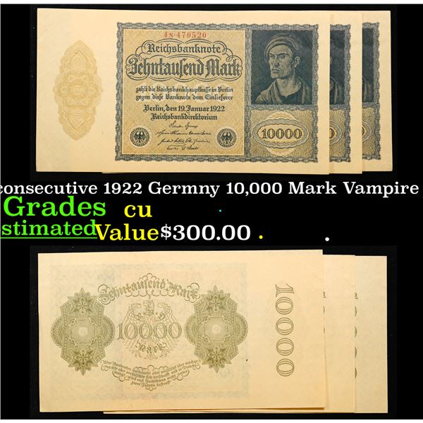 German Vampire Note set of 3 consecutive 1922 Germny 10,000 Mark Vampire Note P# 72 Grades CU