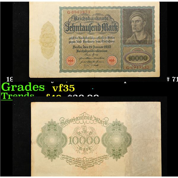 1922 Germny 10,000 Mark Vampire Note P# 71 Grades vf++