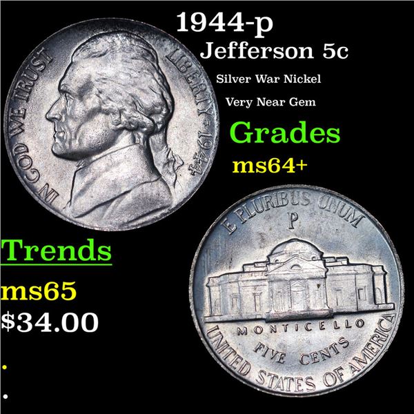 1944-p Jefferson Nickel 5c Grades Choice+ Unc