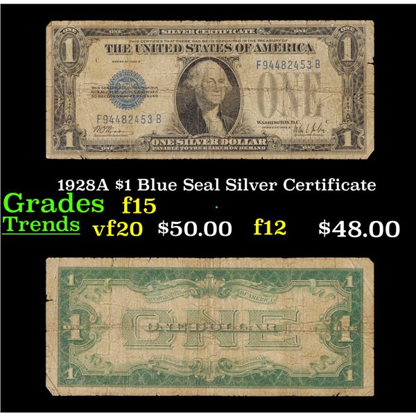 1928A $1 Blue Seal Silver Certificate Grades f+