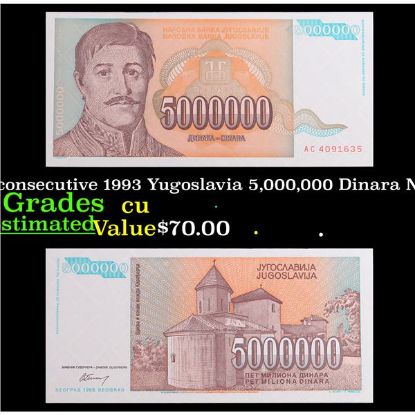 set of 3 consecutive 1993 Yugoslavia 5,000,000 Dinara Note P# 132 Grades CU