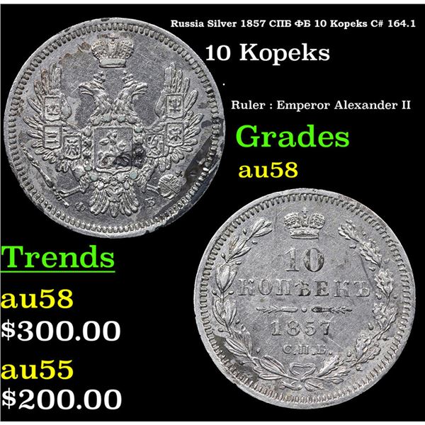 Russia Silver 1857 ??? ?? 10 Kopeks C# 164.1 Grades Choice AU/BU Slider