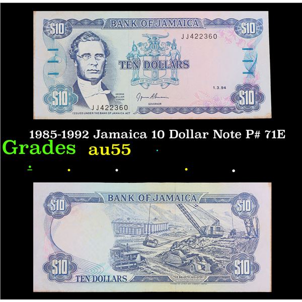 1985-1992 Jamaica 10 Dollar Note P# 71E Grades Choice AU